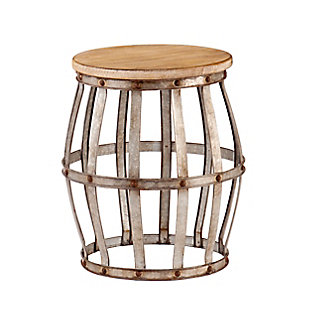 Barrel your way to rustically chic design with this ruggedly cool, industrial accent table. Hollow, bow-legged design allows for peek-a-boo storage of everyday clutter and the drum-style tabletop happily displays antique books, oversized coffee mugs, or a sleek lamp. Forging of weathered fir, antique silver, and riveted trim tops off constructed élan, furnishing this table, and your flat, with an instant style revolution.Rustic, industrial style | Wine barrel shape evokes modern Western feel | Galvanized metal, distressed wood create trendy juxtaposition | Hollow figure for storage or creative displays | Studded accents