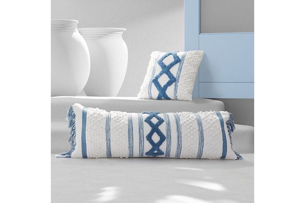 Crafted from exceptionally fine 100% Cotton yarns, the White Sand Lumbar Throw Pillow adds relaxed versatility and effortless layering to your decor. A Mykonos inspired color combination of optic white and blue hues beautifully adorn the multi-textured handloom construction. This lovely accent is finished with a fringed trim, adds a refreshed dimension to your space, and coordinates beautifully with the Serenity and Blue Bay Collections.Cotton features unique insulation properties that keeps you warm in the Winter, and breathability to keep you cool in the Summer | Yarns are of the highest quality, combed, long staples, providing long lasting comfort and durability | White Sand linens are crafted with a high level of complexity and detail, and embrace distinct Portuguese weaving looms that are a mastery of many generations | White Sand products are covered by OEKOTEX STANDARD 100 CLASS I, guaranteeing chemical-free environmentally friendly materials and packaging | 100% Cotton | Imported
