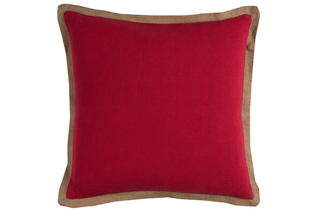 Soft natural jute, dyed, is the fabric of this basic solid pillow. A natural jute flange is added to the perimeter. The back is the same as the front solid and features a hidden zipper closure. This large scale solid is perfect for over scaled furniture, layered with other coordinates, or alone as a statement solid.Cotton jute | Natural jute flange | Light texture | natural colored jute flange | matching back with hidden zipper closure | 100% Cotton