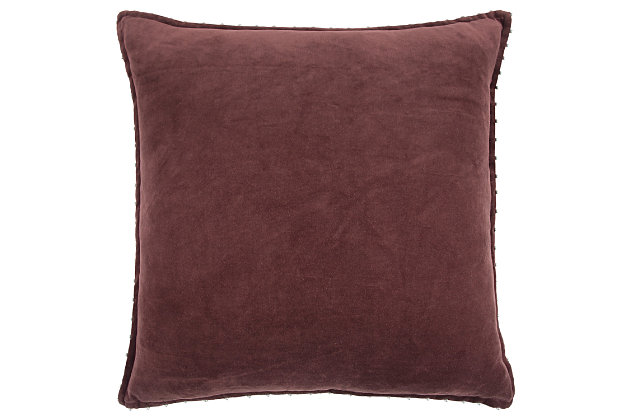 This pillow is 100% cotton velvet, featuring a ¾ inch self-flange. Silver pearlized beads are hand stitched to the edge of the flange. Every third bead is hand knotted to prevent the whole strand from demise should one bead break away. The back is natural burlap with a zippered closure for ease of fill and cleaning. This pillow is fabulous as a stand-alone design element and is also a great foundational layering element.Cotton velvet | hand applied silver beaded trim | Three quarter inch flange | beading is hand knotted to prevent total bead disaster should one bead be compromised | solid coordinating back with hidden zipper closure | 100% Cotton