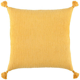 Knife edged, this solid colored pillow features an abstract woven pattern. It’s ever so lightly raised patterning gives it the placement accolade of an intricate pattern with the flexibility of a solid. This pillow sports four cotton corner tassels. Its coordinating solid back features a hidden zipper closure for ease of fill and cleaning.Woven abstract patterning | Tonal solid | Four corner tassels | Knife edged pillow | Coordinating solid back with hidden zipper closure | Cotton woven(100% cotton)