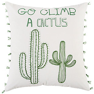 Whimsically styled artwork and fonts and hand screen printed with running stitch flat embroidery accents give this pillow a whimsically FUN appeal. In a lovely lively green, hand tied tassel poms accent this pillow on both sides of the artwork. Executed on white cotton duck, this pillow features a solid back with a hidden zipper closure for ease of fill.Hand screen printed | Hand tied tassel poms on both ends fo the pillow | Embroidered accents | Whimsical fonts | Matching solid cotton duck back features hidden zipper closure for ease of fill | 100% cotton