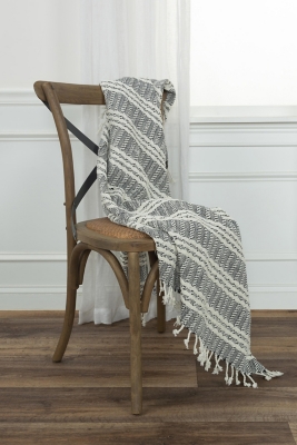 Rizzy Home Striped Tassled Throw Blanket, Dark Gray, large