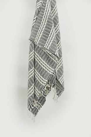 This handcrafted light weight throw is perfect for a spring evening wrap. It appears heathered because of the hand loomed technique and shows both horizontal and vertical patterning stripes. The weave is tight and secure. The self warp hand tied tassel fringe is approximately 2 1/2 inches long. The selvage edges are hemmed.hand loomed cotton | artisinally hand crafted | warp hand tied tassel fringe | medium texture | light weight | 100% Cotton