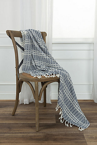 Rizzy Home Striped Tassled Throw Blanket, Light Gray, rollover