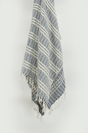 This handcrafted light weight throw is perfect for a spring evening wrap. It appears heathered because of the hand loomed technique and shows both horizontal and vertical patterning stripes. The weave is tight and secure. The self warp hand tied tassel fringe is approximately 2 1/2 inches long. The selvage edges are hemmed.hand loomed cotton | artisinally hand crafted | warp hand tied tassel fringe | very soft | light weight | 100% Cotton
