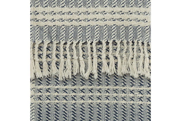 This handcrafted light weight throw is perfect for a spring evening wrap. It appears heathered because of the hand loomed technique and shows both horizontal and vertical patterning stripes. The weave is tight and secure. The self warp hand tied tassel fringe is approximately 2 1/2 inches long. The selvage edges are hemmed.hand loomed cotton | artisinally hand crafted | warp hand tied tassel fringe | very soft | light weight | 100% Cotton