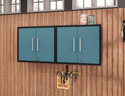 Eiffel Floating Garage Cabinet (Set of 2), Black/Aqua Blue
