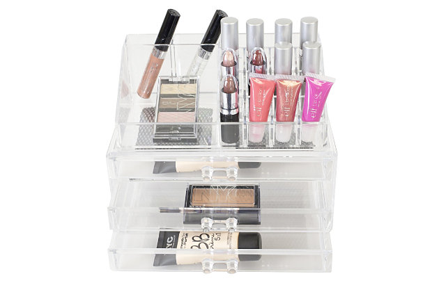 Getting ready in the morning is a breeze with this 3 tier make up organizer. With multi sized sections, you have plenty of storage for accommodating  your expansive make up  collection.  This clear organizer matches all types of decor.  Keep your cosmetics out on display and neatly stored on your bathroom vanity. Hand wash.Multi-size compartments for holding blush, palettes, brushes, lip stick | Transparent design for quick view of items at a glance | Positions items upright for easy access (accessories not included) | Made of heavy duty plastic, it matches any decor