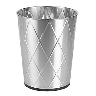 Keep your trash under control and your space in style with this open top waste bin. The bin is short in stature allowing you to easily store in a variety of places where space is limited.   The round shape is perfect for setting under desk, next to your toilet, or in the corner of the bathroom. It holds up to 8 liters, making it great for light recycling and trash.  An open top let you see how much is left, while the lightweight design makes it easy to empty the bin when it’s filled to capacity. Item dimensions may different slightly due to the unique nature of the product. Color and finish may also differ from the images shown due to differences in monitor displays. Props and accessories are not included.Open top for easy trash disposal | Non-skid base keeps it in place | Doubles as storage bin for corralling toys, crafts, and supplies | Made from sturdy steel | Size: 9.5" x 9.5" x 10.25", Item weight: 1 lb