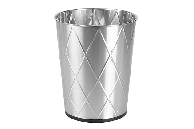 Keep your trash under control and your space in style with this open top waste bin. The bin is short in stature allowing you to easily store in a variety of places where space is limited.   The round shape is perfect for setting under desk, next to your toilet, or in the corner of the bathroom. It holds up to 8 liters, making it great for light recycling and trash.  An open top let you see how much is left, while the lightweight design makes it easy to empty the bin when it’s filled to capacity. Item dimensions may different slightly due to the unique nature of the product. Color and finish may also differ from the images shown due to differences in monitor displays. Props and accessories are not included.Open top for easy trash disposal | Non-skid base keeps it in place | Doubles as storage bin for corralling toys, crafts, and supplies | Made from sturdy steel | Size: 9.5" x 9.5" x 10.25", Item weight: 1 lb