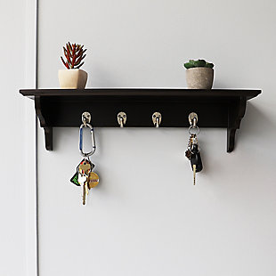 Home Basics Wood Floating Shelf with Key Hooks, Brown, rollover