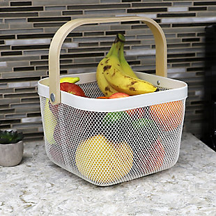 Home Basics Mesh Wire Basket with Wood Handle, , rollover
