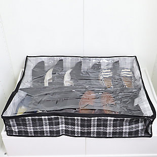 Home Basics Plaid Non-Woven 12 Pair Under the Bed Shoe Organizer with Clear Top, , rollover
