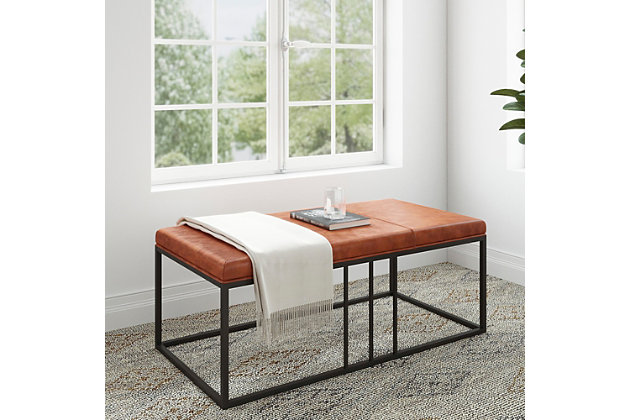 Riley Indoor Brown Faux Leather Entry Bench - This table would be a perfect fit for small apartments in the entryway as an entry bench, bed bench, or in your modern living room, even combine with a dining table in the dining room. With only one product, you can use it for multiple purposes! Two in one is totally convenient and cost savings. Crafted from a strong metal frame and firm upholstery, this table has a great construction against everyday use wear, and tear. The beautiful brown finish mixed with black brings an aesthetic look to your home. It is easy to clean and low maintenance.Multifunctional bench that can be used in entry way, bedroom, or even as a coffee table in your living room. | Includes 1 Entry bench - Table | Fast and easy to assemble | Single product dimensions: 46L X 24W X 18H (inches) | Product unit weight: 30 lbs | Weight capacity: 300 lbs | Seat dimensions: 46.7"L x 23.7"W | Seat height: 18"H | Finish: Powder coating Metal, | Faux leather Upholstery | Color: Frame: Matte black, Upholstery: Brown | Main material: Metal powder coated, Faux leather upholstery | Fire resistant: Yes.