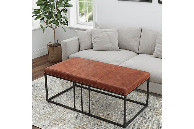 Riley Indoor Brown Faux Leather Entry Bench - This table would be a perfect fit for small apartments in the entryway as an entry bench, bed bench, or in your modern living room, even combine with a dining table in the dining room. With only one product, you can use it for multiple purposes! Two in one is totally convenient and cost savings. Crafted from a strong metal frame and firm upholstery, this table has a great construction against everyday use wear, and tear. The beautiful brown finish mixed with black brings an aesthetic look to your home. It is easy to clean and low maintenance.Multifunctional bench that can be used in entry way, bedroom, or even as a coffee table in your living room. | Includes 1 Entry bench - Table | Fast and easy to assemble | Single product dimensions: 46L X 24W X 18H (inches) | Product unit weight: 30 lbs | Weight capacity: 300 lbs | Seat dimensions: 46.7"L x 23.7"W | Seat height: 18"H | Finish: Powder coating Metal, | Faux leather Upholstery | Color: Frame: Matte black, Upholstery: Brown | Main material: Metal powder coated, Faux leather upholstery | Fire resistant: Yes.