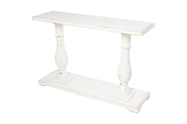 This wood console table will elevate your farmhouse style living room. Use this charming table as an accent piece in the living room, library or hallways of your home.Made of wood | Distressed eggshell finish | Decorative distressing and chipping | Assembly required