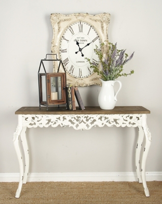 Bayberry Lane White Wood Intricately Carved Floral Console Table with Brown Wood Top 46 x 15 x 30