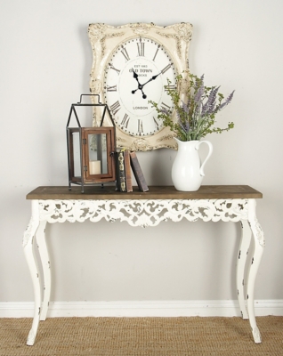 Bayberry Lane White Wood Intricately Carved Floral Console Table with Brown Wood Top 46" x 15" x 30", , rollover