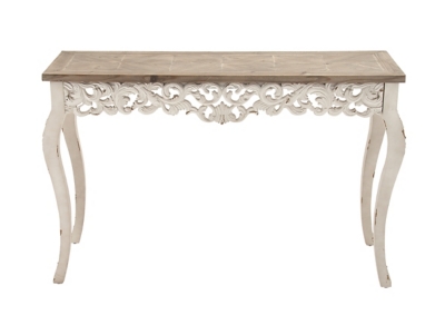 Bayberry Lane White Wood Intricately Carved Floral Console Table with Brown Wood Top 46" x 15" x 30", , large