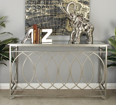 Bayberry Lane Silver Metal Geometric Console Table with Mirrored Glass Top 54" x 16" x 32", , rollover