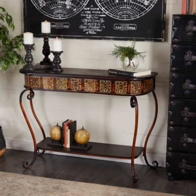 Bayberry Lane Brown Metal Embossed 1 Shelf Floral Console Table with Ornate Scroll Legs 43" x 14" x 32", , rollover
