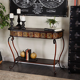 Useful and elegant, console tables are more than just a place to throw your mail. Use it as an accent piece in the living room, library, or hallways of your home. Made with wood | Dark russet brown finish | Metal frame with dark brown finish | Assembly required