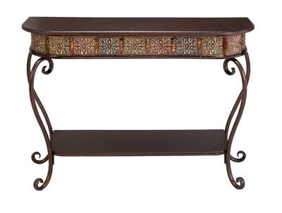 Bayberry Lane Brown Metal Embossed 1 Shelf Floral Console Table with Ornate Scroll Legs 43" x 14" x 32", , large