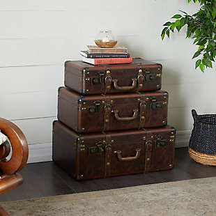 Bayberry Lane Brown Leather Vintage Trunk (Set of 3), , rollover