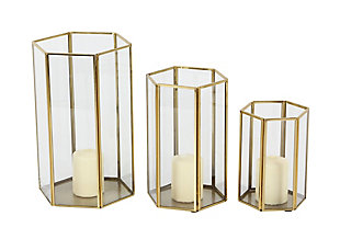 Bayberry Lane Gold Glass Modern Lantern, Set of 3 6", 8", 10"H, , large