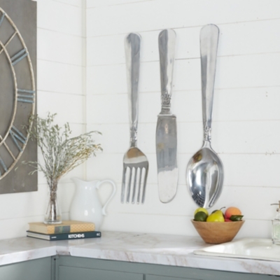 "Bayberry Lane Silver Aluminum Traditional Kitchen Utensils Wall Decor Set of 3 8"W, 35"H"