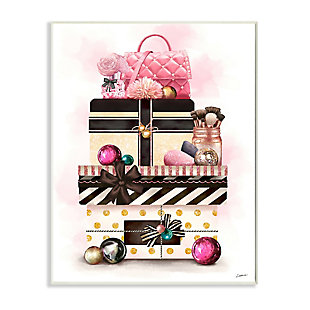 Stupell Holiday Glam Fashion Gift Stack Christmas Accessories, 10 x 15, Wood Wall Art, Pink, large