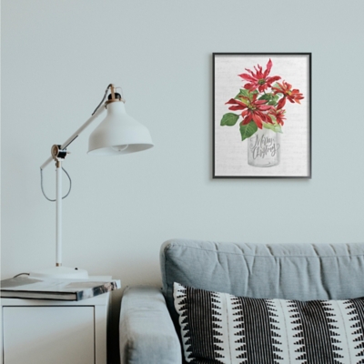 Stupell Merry Christmas Phrase Country Poinsettia Bouquet, 16 x 20, Framed Wall Art, Off White