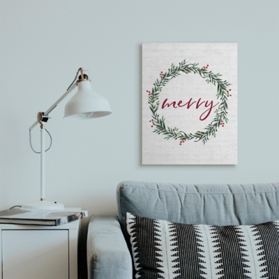 Stupell Red Merry Text Festive Country Holiday Wreath, 24 x 30, Canvas Wall Art, Off White