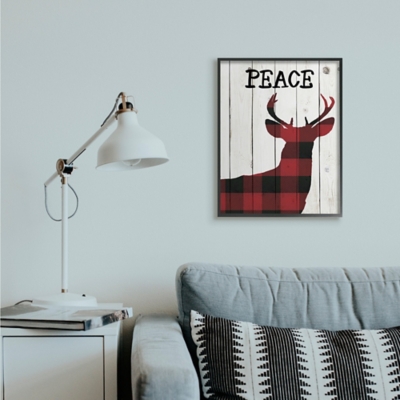 Stupell Checker Plaid Reindeer Rustic Peace Text, 24 x 30, Framed Wall Art, Off White