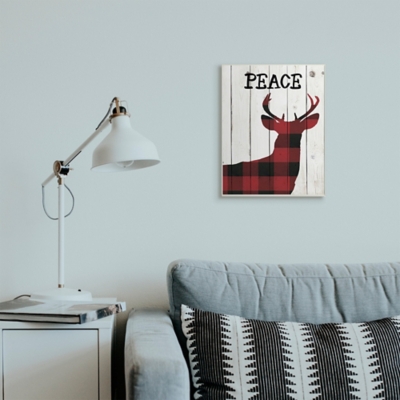 Stupell Checker Plaid Reindeer Rustic Peace Text, 13 x 19, Wood Wall Art, Off White