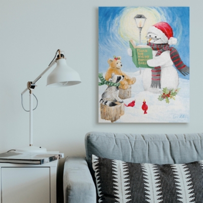 Stupell Christmas Snowman Reading Winter Holiday Animals, 36 x 48, Canvas Wall Art, Blue