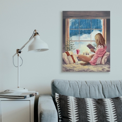 Stupell Girl Reading by Snowy Window Winter Holiday, 30 x 40, Canvas Wall Art, Multi