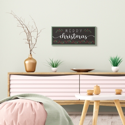 Stupell Merry Christmas Phrase over Black Festive Holly, 10 x 24, Canvas Wall Art, Off White