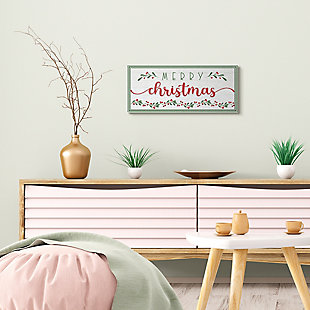 Stupell Merry Christmas Phrase Festive Floral Holly Detail, 10 x 24, Canvas Wall Art, Black, rollover