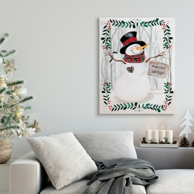 Stupell Winter Welcome Greeting Snowman Forest Holly Florals, 30 x 40, Canvas Wall Art, Green