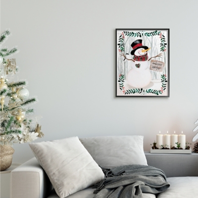 Stupell Winter Welcome Greeting Snowman Forest Holly Florals, 16 x 20, Framed Wall Art, Green