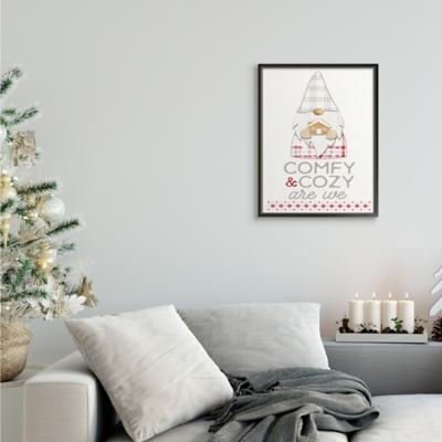 Stupell Comfy and Cozy Phrase Red Plaid Christmas Gnome , 16 x 20, Framed Wall Art, Off White
