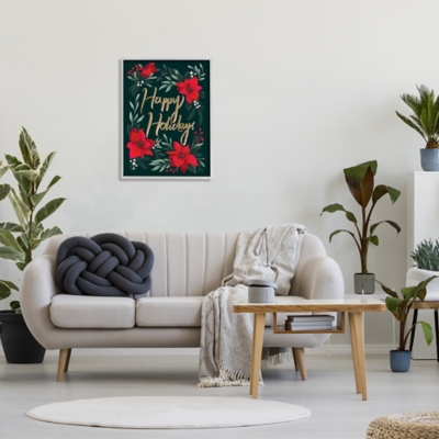 Stupell Industries Happy Holidays Greeting Red Winter Poinsettia Florals, 24 x 30, Framed Wall Art, Red, rollover