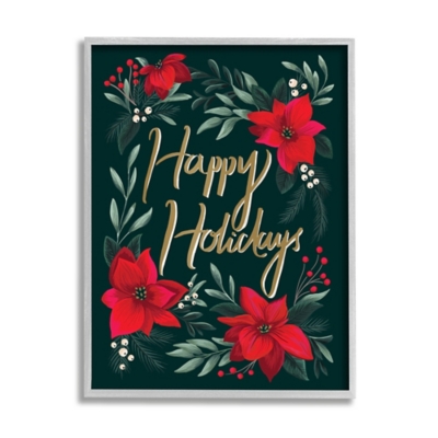 Stupell Industries Happy Holidays Greeting Red Winter Poinsettia Florals, 24 x 30, Framed Wall Art, Red, large