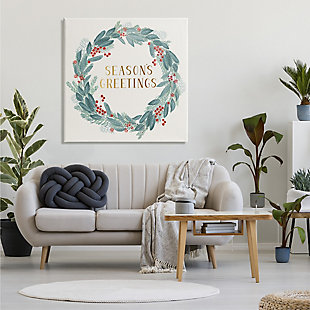 Stupell Industries Winter Foliage Red Holly Wreath Season's Greetings Typography, 36 x 36, Canvas Wall Art, Green, rollover
