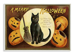 Stupell Industries  A Merry Halloween Pumpkins And Black Cat Seasonal Holiday Design, 10 x 15, Wood Wall Art, , large