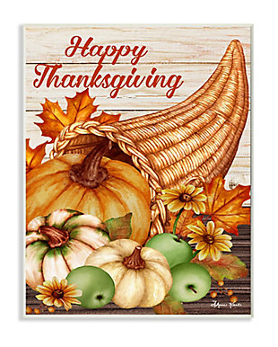 Stupell Industries Happy Thanksgiving Autumn Harvest Cornucopia, 10 x 15, Wood Wall Art, Brown, large