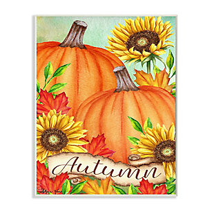 Stupell Industries Autumn Pumpkins with Sunflowers Red Leaves, 10 x 15, Wood Wall Art, Orange, large