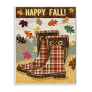 Stupell Industries Happy Fall Phrase Plaid Boots and Foliage, 10 x 15, Wood Wall Art, Brown, large